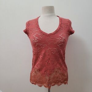 EVA KAYAN Eyelet Lace Trimmed Short Sleeves V-neck Top Rust  XS